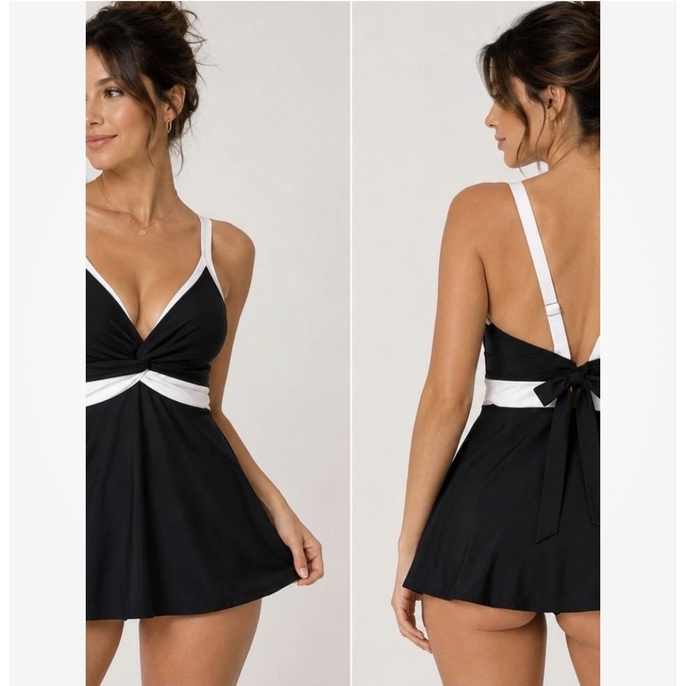 Aidonger One Piece Swim Dress Black White Tummy Control Bathing Suit Medium NWT